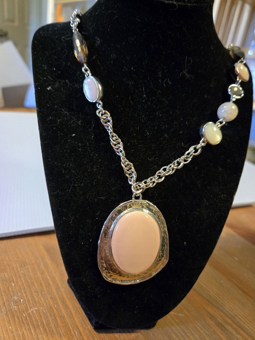 Chicos Long Silver Tone Beaded Chain Necklace Pendant Pink Purple White Adjstble